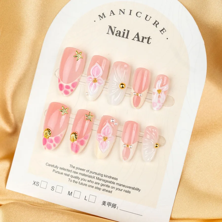 3D Flower Shell Starfish Pearl Almond Nail Tips 30 Pieces/Set Wearable Fake Nails  Basic Nail Art