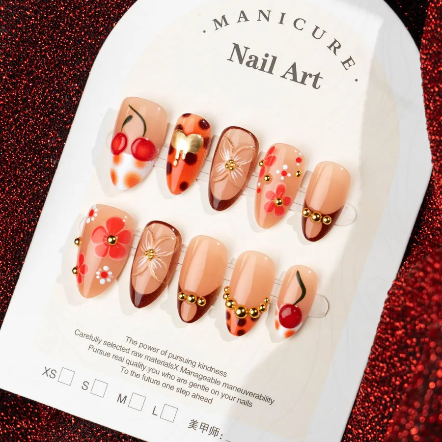 Handmade Cherry Gold Plated Almond Wearable Nail Stickers French Design Rhinestone Decorative Fake Nail Tips