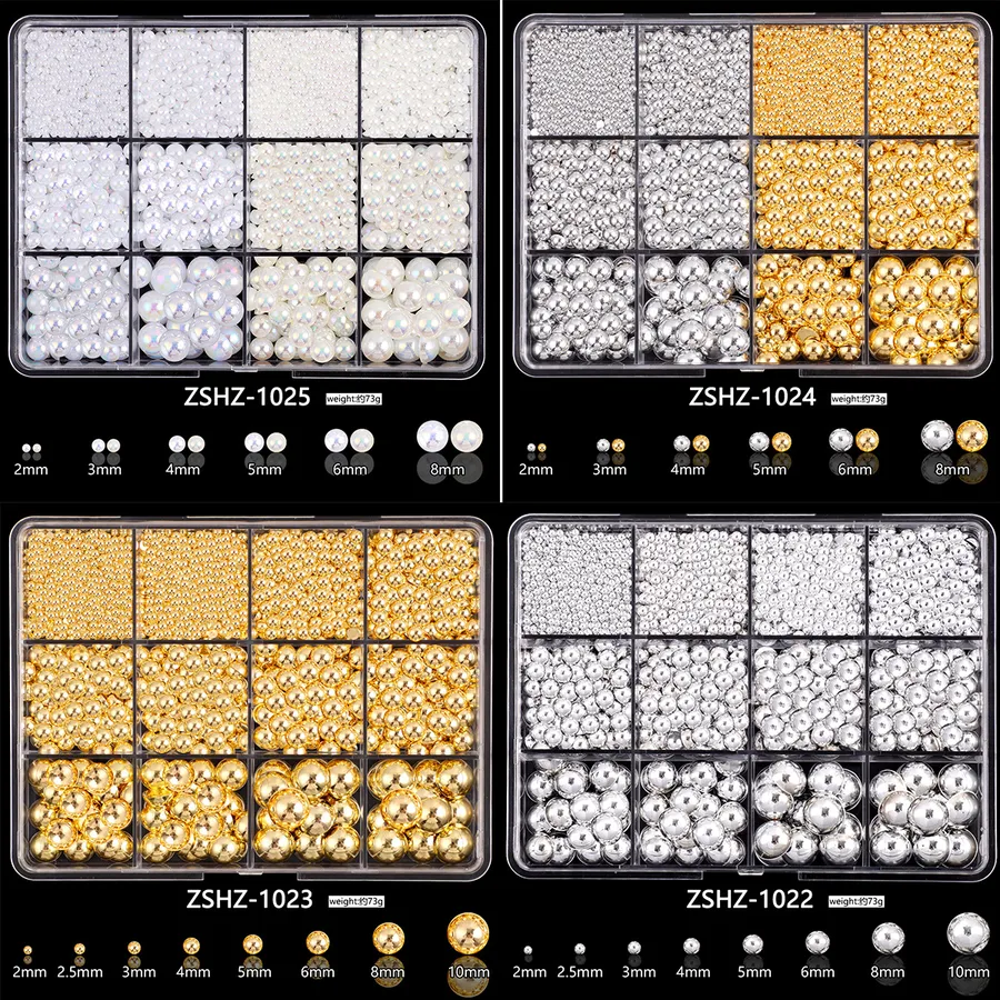 Electroplated ABS Pearl Half Round Flat Bottom Nail Art Jewelry Mixed Size Half Round Pearl Resin Star and Colorful Block