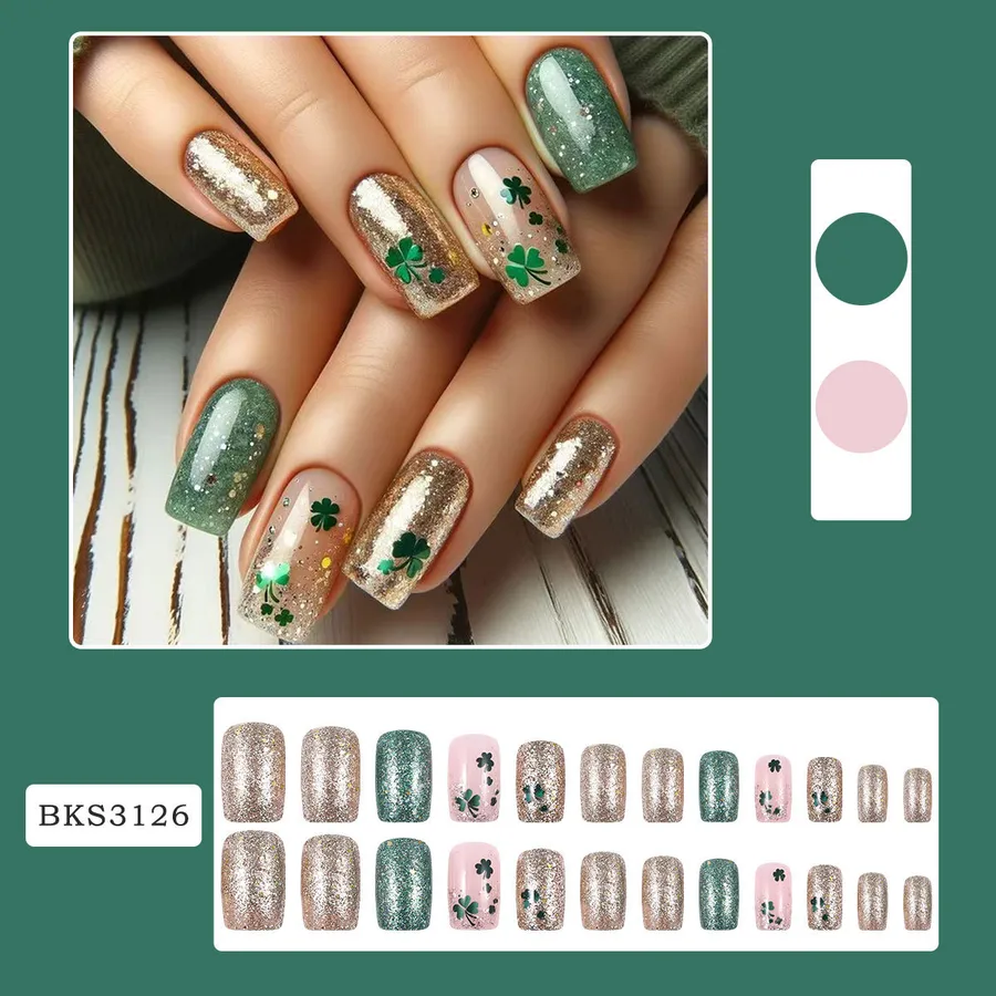 Moderate Length Wearable Fake Nails St. Patrick&rsquo;s Day Lucky Clover Design Silicone Gel Nail Stickers French Style