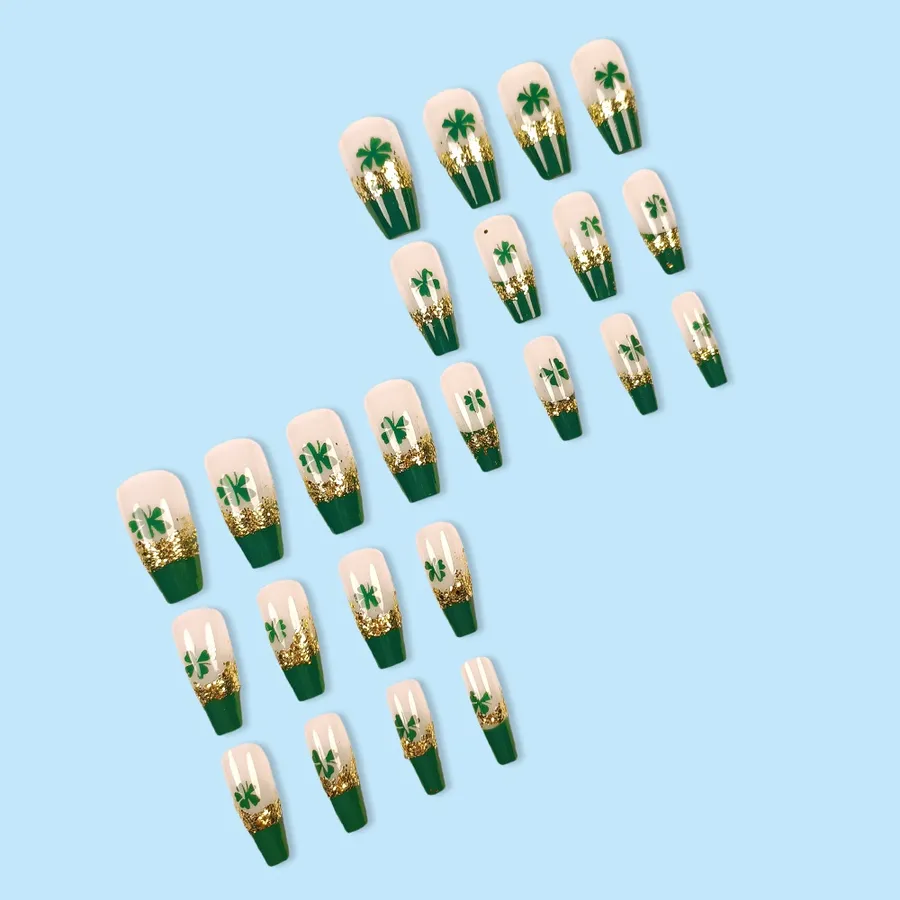 Halloween Lucky Clover Nail Stickers Gold Shiny French Wearable Nail Decorations Green Holiday Theme