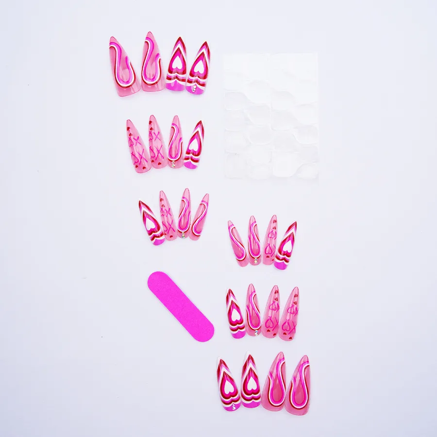 Valentine&rsquo;s Day Pink Rhinestone Heart-shaped Grid Wearable Fake Nails Removable Nail Art Decoration Bow