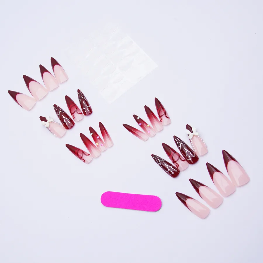 Long Wearable Fake Nails Heart-shaped Press-on Nails French Bow Metal Material Nail Art