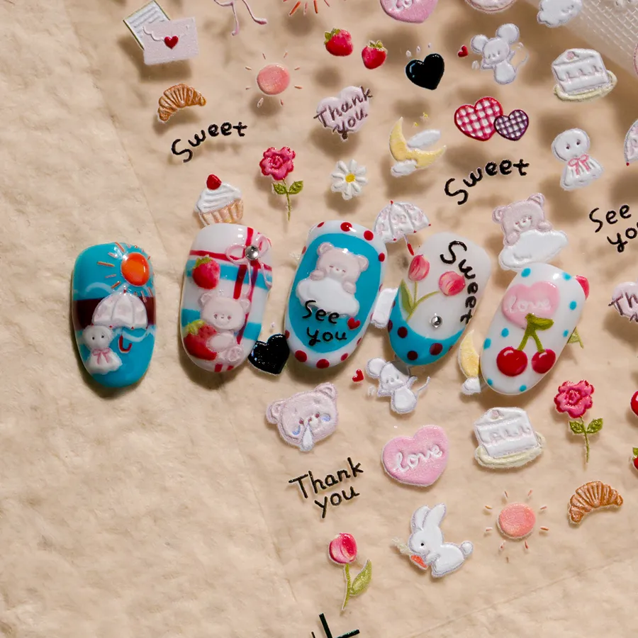 Valentine&rsquo;s Day Nail Art Stickers with Cherry Bear Resin Rose Flower Bunny Suitable for Valentine&rsquo;s Day Theme