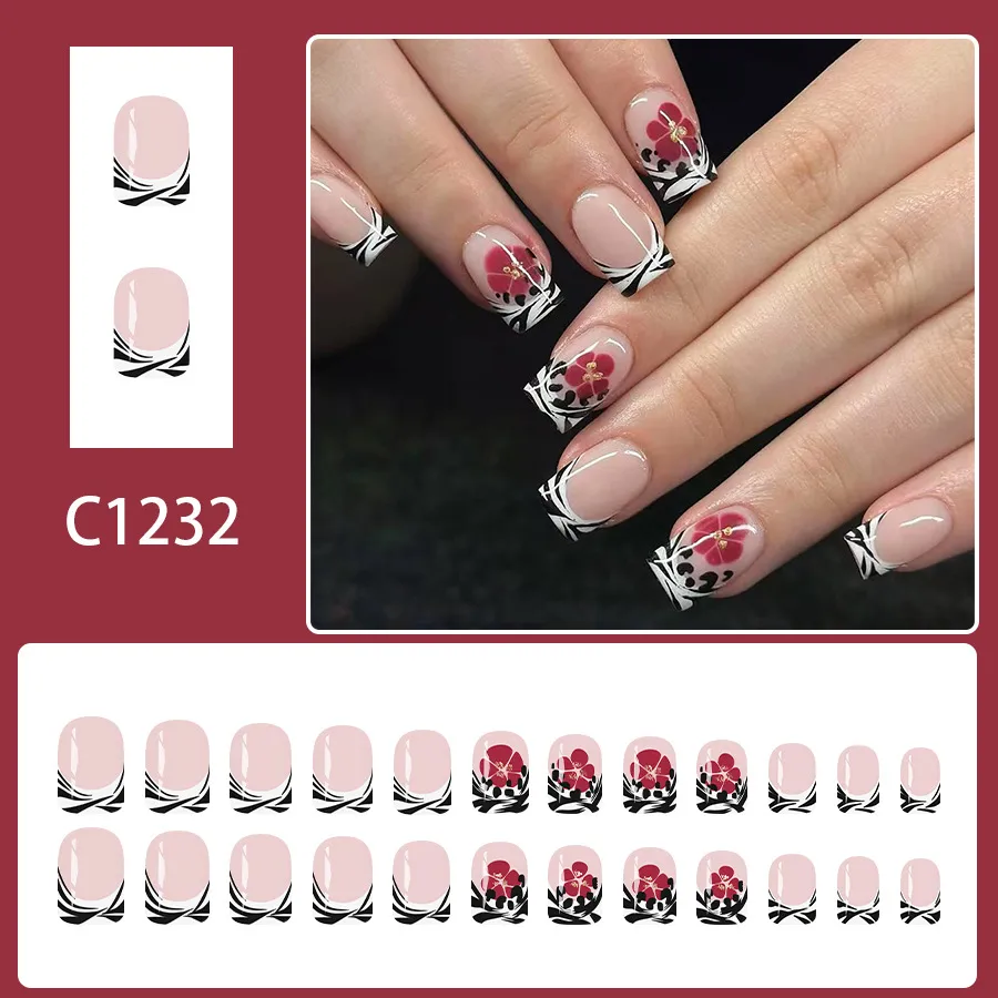 Glossy French Black Striped Burgundy Flower Sequins Wearable Square Nail Art Decoration 24 Pieces