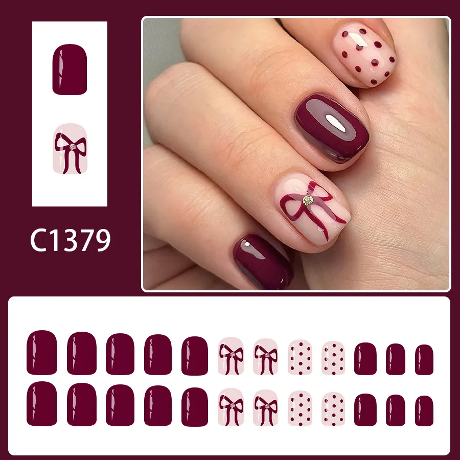 Glossy Matte Square Short Nails Autumn Winter Wine Red Polka Dot Bow Tie Shiny Powder Wearable Nails 24 Pieces