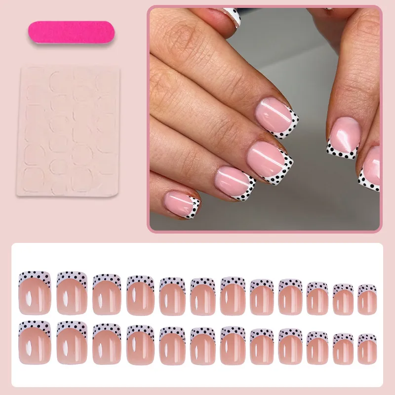 Simple Style French Press-On Nails Featuring Polka Dots and Leopard Patterns for Elegant Nail Art