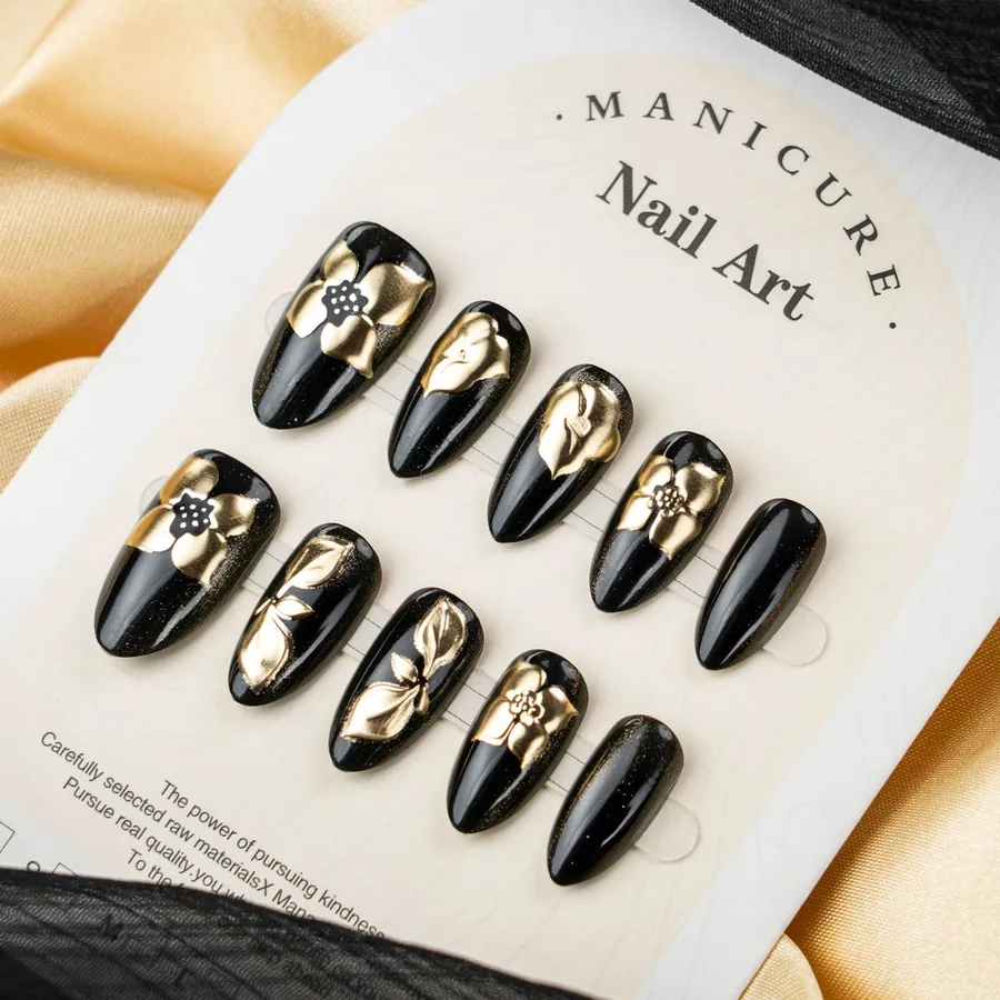 Gold Gold-Plated Flower Short Almond-Shaped Wearable Black Nail Tips Silicone Material Sexy Transparent Solid Color Design