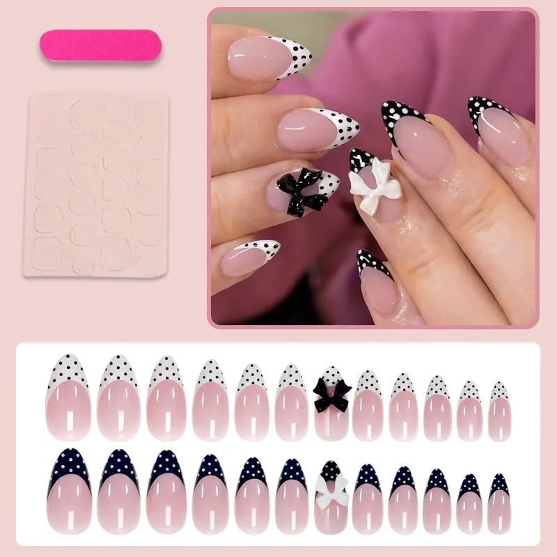 Wearable Nail Art Black and White Polka Dots 3D Bow Fake Nails Nail Tips French Style Shiny Solid Color