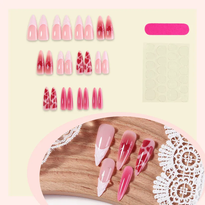 Valentine&rsquo;s Day Wearable French Red Almond False Nails Gradient Smoky Manicure Simple Metal Material Geometry