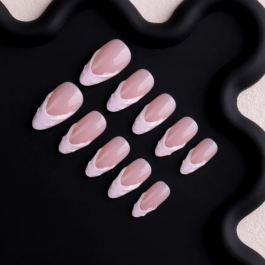 Wearable Long Almond Shaped French Wave Pattern Nail Art Purple Pink Gradient Design Simple Fashionable Elegant Manicure