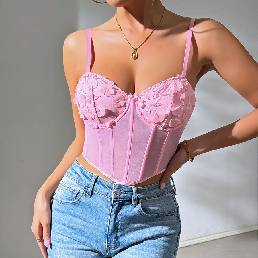 Butterfly Decorated Sheer Mesh Patchwork Fishbone Underwire Sexy Short Off-Shoulder Top Polyester Fabric