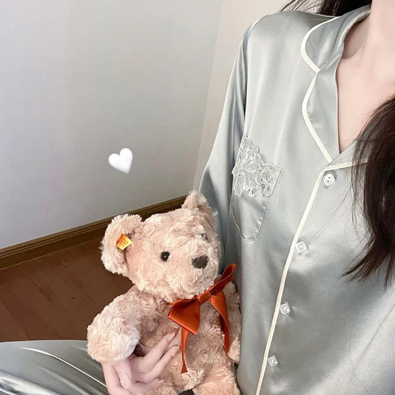 (Plusieurs Choix Disponible)Ensemble de Nuit Femme , Deux Pièces à Manches Longues et Pantalon, Finition Dentelle, Tissu Lisse en Glace de Soie Unie de Haut de Gamme