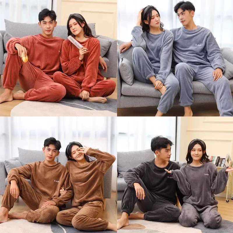 Pyjama pour Couple , en Polaire Épaissie, Ensemble d’Intérieur Chaud Style Minimalist , Deux Pièces, Pyjama d’Hiver pour Femme ou Homme, en Laine de Mouton Polyester Confortable