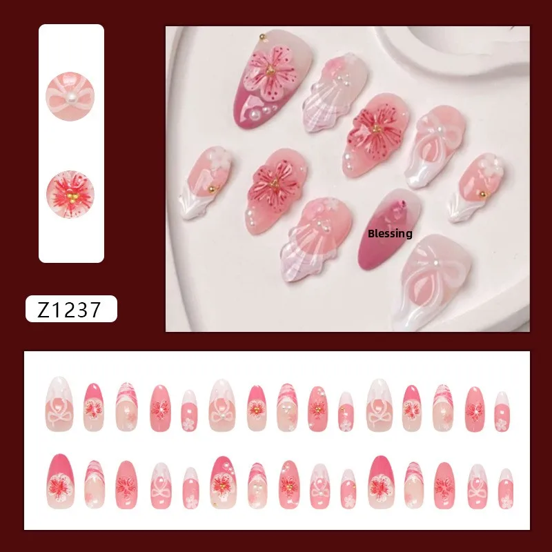 30 Pieces Removable 3D Pearl Bow Flower Nail Stickers French Resin Fake Nails Wearable Nail Decorations
