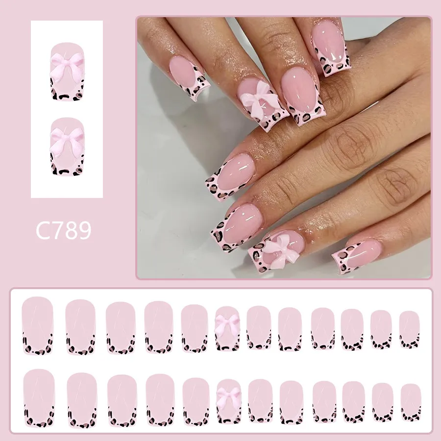 Bright Pink Leopard Print Bowknot Wearable Fake Nails Removable 24 Pieces Color Matching French
