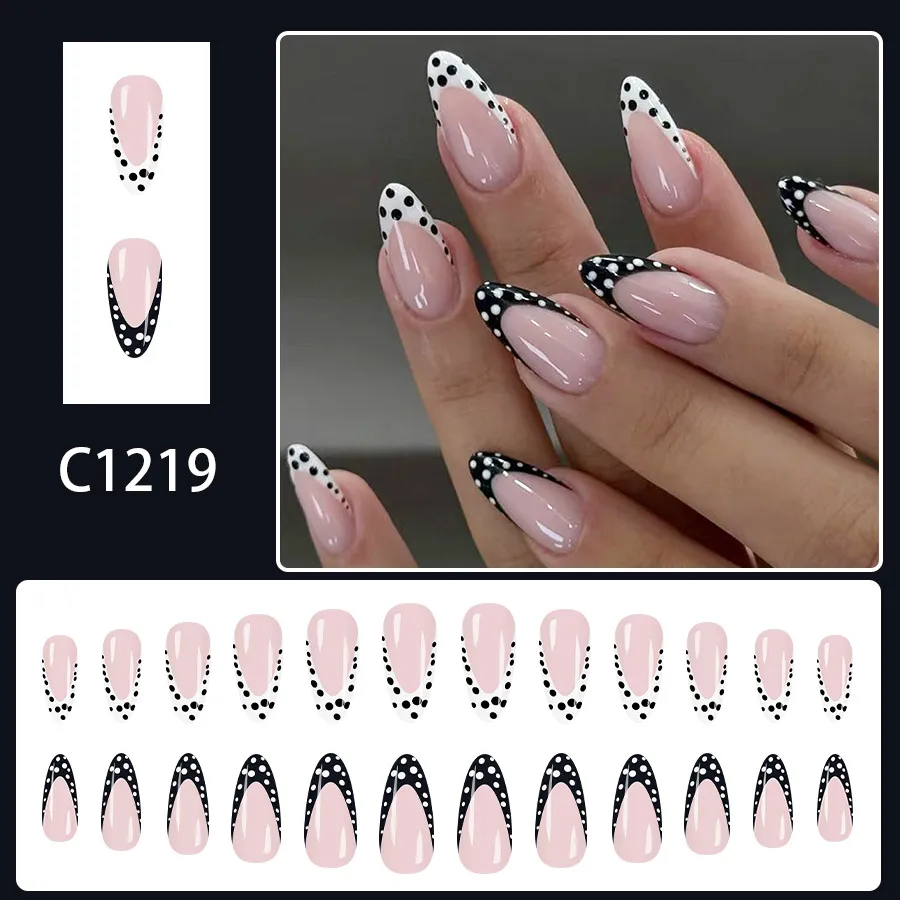 Moderate Length Water Drop Shape Nail Tips Black and White French Tips Wearable Silicone Nail Art 24-Piece Set