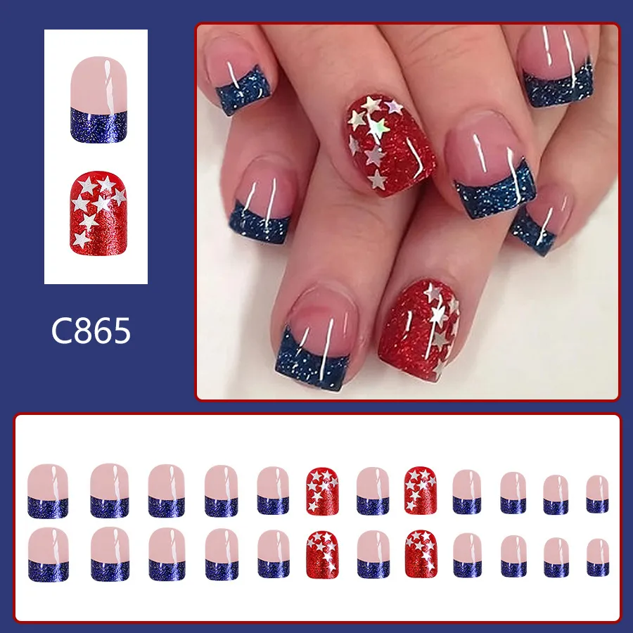 Wearable Short Glossy French Nail Tips Red and Blue Color Matching American Independence Day Star Pattern 24 Pieces