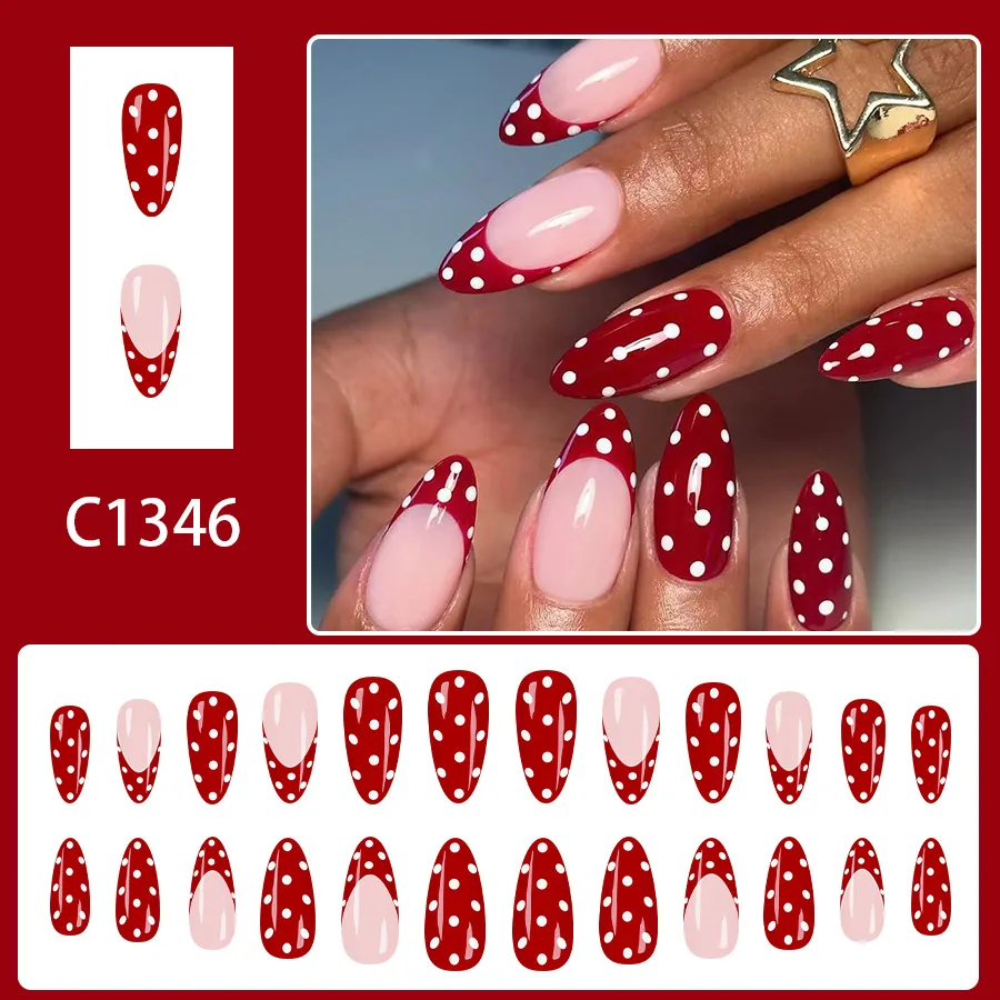 French Water Drop Shape Nail Tips White Dot Design 24 Pieces Medium Length Wearable Fake Nails for Women