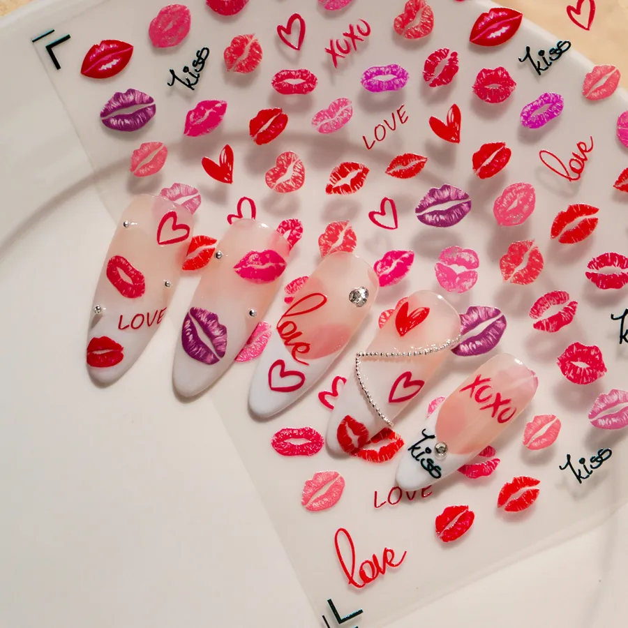 Valentine&rsquo;s Day Nail Stickers with Lips, Hearts, Letters/Sweet Resin Material Suitable for Valentine&rsquo;s Day Themed Nail Art
