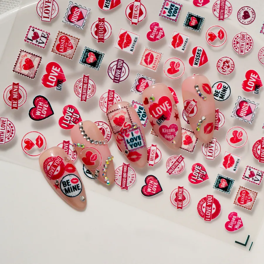 Valentine&rsquo;s Day Nail Stickers with Lips, Hearts, Letters, and Sweet Resin Materials Suitable for Valentine&rsquo;s Day Theme
