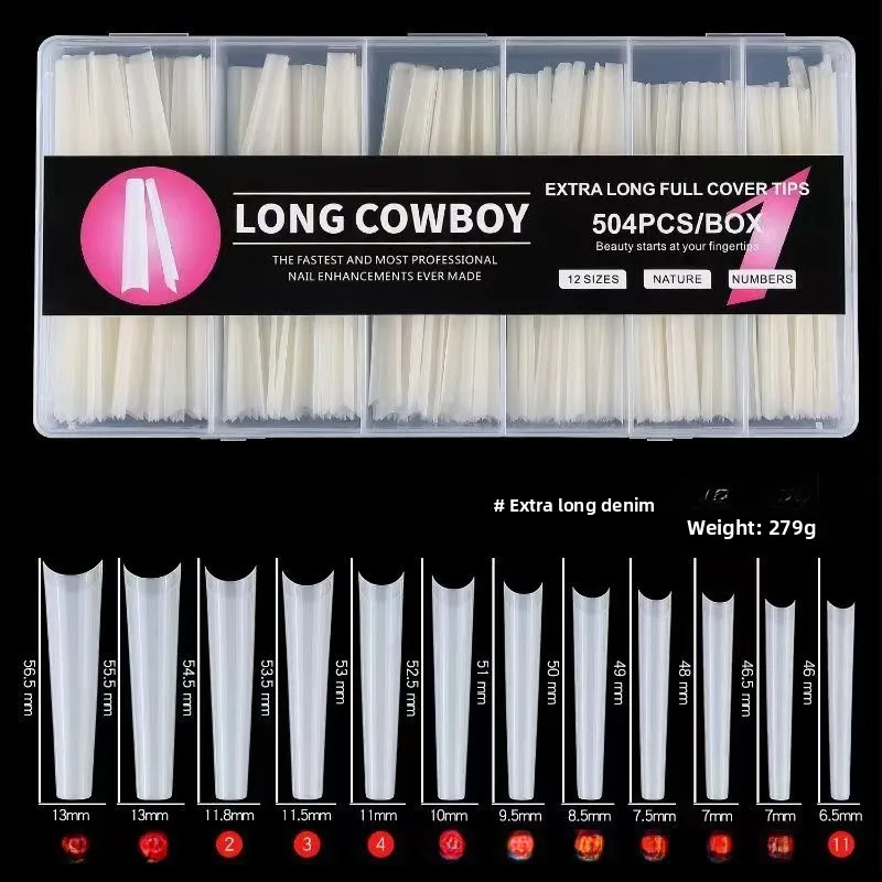 Long Nail Tips 504-Piece Set Ballet Denim Stripe Design Salon Quality Fake Nails Easy to Wear